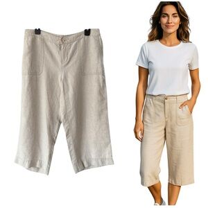 Liz Claiborne Sloane Linen Wide Leg Straight Capri Pants Size 14 Beige Tan